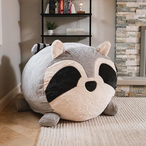 Big Joe Wild Things Foam Filled Animal Bean Bag Chair with Removable Cover, Rocky Raccoon Snugglepuff, Soft Faux Fur, 4 feet Big