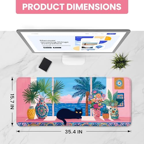 Aesthetic Desk Mat, Cute Quiet Cat Desk Pad Protector for Work & Decor, 35.4" x 15.7", Pretty Non-Slip Extended Mouse Pad for Office or Home