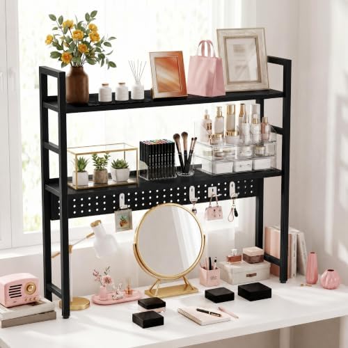 Brakki 2-Tier Desk Shelf, Desk Hutch Bookshelf with Pegboard and Hook Dorm