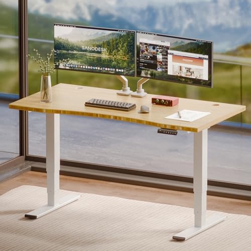 SANODESK Solid Bamboo Dual Motor Standing Desk, 220 lbs, 55×28