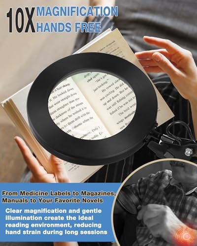 NOEVSBIG Magnifying Glass Desk Lamp with 3-Section Swing Arm and Big Clamp, Magnifying Glass with Light and Stand, 10X Wide Desk Magnifier Light for Reading/Office/Crafting/Close Work