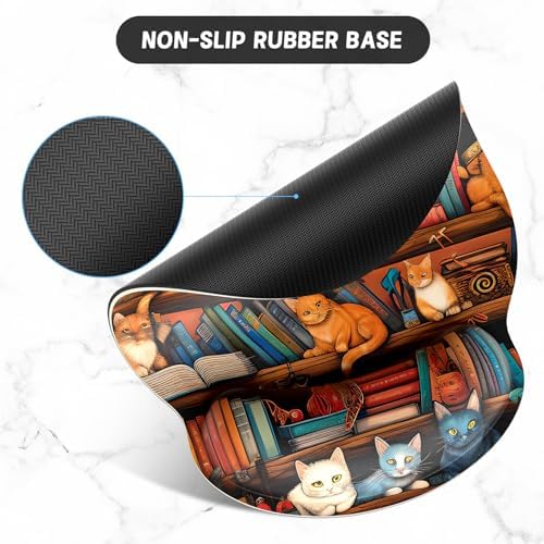 ITNRSIIET Ergonomic Mouse Pad with Wrist Support Wrist Rest Smooth Surface Non-Slip Rubber Base Comfortable Office Supplies Pain Relief, 9.8 x 9.1 inches, Cat on the Desk
