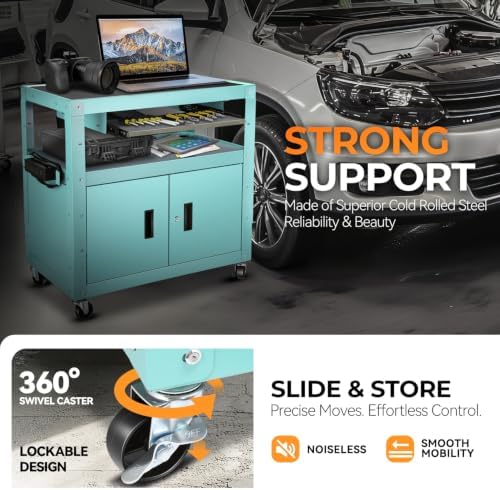 Auto Dynasty Rolling AV Cart, Height Adjustable with Lock Storage, Sky Blue
