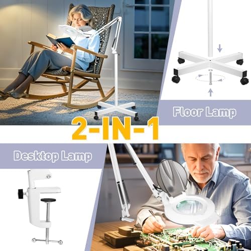 2200 Lumens Magnifying Floor Lamp, 2-in-1 Lighted Desk Magnifier