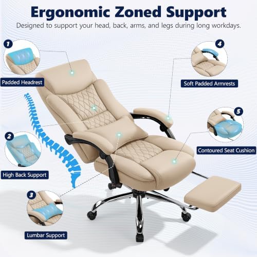 Ergonomic Office Chair Executive PU Leather High Back Office Chair, 400lbs Heavy Duty Reclining Desk Chair with Footrest, Adjustable Lumbar Support, Padded Armrests,Khaki,6 Pack