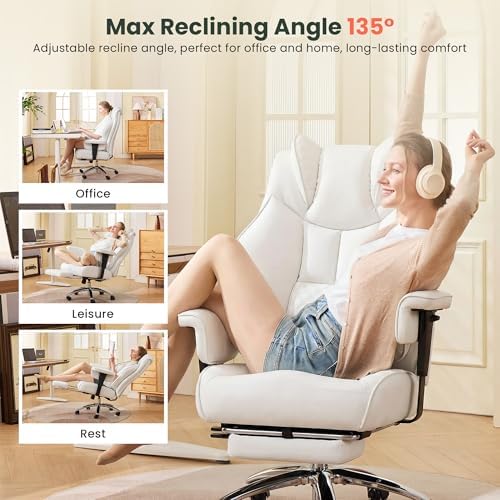 CIOMAN 500lbs Big and Tall Office Chair Adjustable Lumbar Support, Extra Wide Seat Ergonomic Gaming Chair with Footrest, Heavy Duty High Back Executive Leather Computer Desk Chair, White