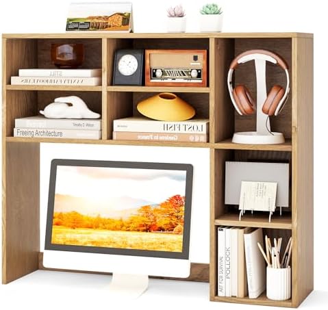 Tangkula Desktop Bookshelf, 37" Countertop Storage Hutch with 7 Cubes & 3 Adjustable Shelves, 3-Tier Desk Display Rack Organizer, Multipurpose Wood Desktop Hutch for Dorm Home Office (Natural)