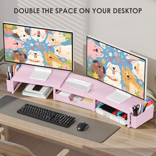 OPNICE Desk Organizers and Accessories, Dual Monitor Stand Riser with Drawer and 2 Pen Holders, Desk Shelf Printer Stand for Office Workspace Organizers, Desktop Organization (Pink)