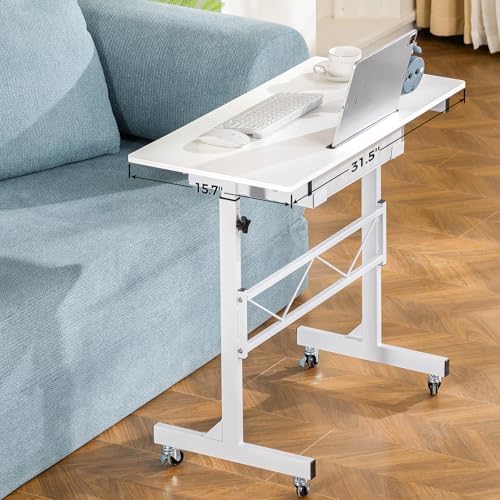 GTPLAYER Small Mobile Standing Desk, 32In Wide Adjustable Height Stand Up Desk for Home Office, Portable Sit Stand Rolling Computer Desk with Wheels Storage Drawer and Slot, Carbon Fiber Style White
