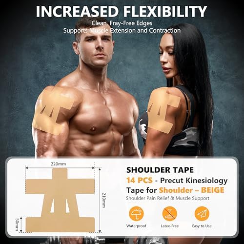 Precut Kinesiology Tape for Shoulder – 14 PCS Elastic Shoulder Support Tape, Waterproof & Breathable, Hypoallergenic Sports Tape for Pain Relief, Beige