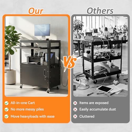 Mobile AV Cart, Adjustable Height Rolling Computer Cart with Pullout Keyboard Tray – Locking Cabinet, 3 Outlets & 2 USB Ports, Lock Brake Casters–Media Utility Cart on Wheels for Home/Office