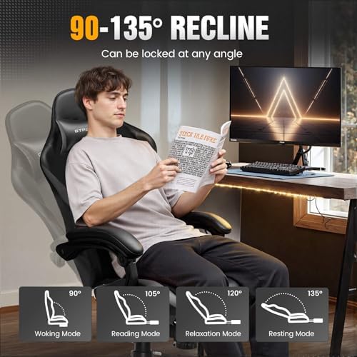 GTPLAYER Gaming Chair with Pocket Spring Cushion, Leather Office Chair with Ergonomic High Back & Lumbar Support for Back Pain Relief, Computer Game Chair for Adults, Gray