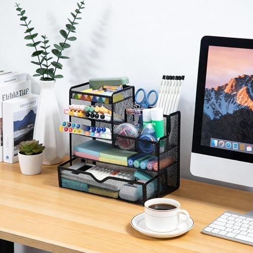 M&G Mesh Pen Holder for Desk, Multi-Functional Pencil Holder with Drawer Desk Organizer, Large Capacity Office Desk organizers and Accessories (Black)