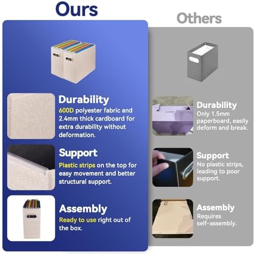 6 Packs Letter Size File Organizer, File Folders Organizer, Fabric Storage Box, Collapsible Paper Organizer with Metal Handle, Smooth PVC Rails, Only Box (Beige)