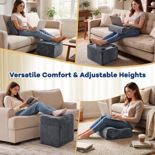 Foot Rest for Under Desk at Work, Ergonomic 2-in-1 Footrest Stool with 3 Adjustable Heights, Wave Contoured Foam Leg & Feet Support Cushion with Washable Velvet Cover for Office Chair, Gaming, Car