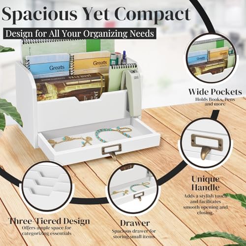 Flexzion Wood Desk Organizer, 3-Tier Mail Organizer with Drawer, Beige Wood