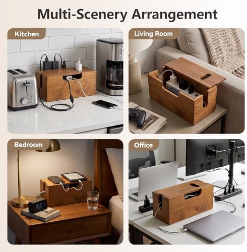2 Pack Acacia Wood Cable Management Box with Magnetic Lid, Large Cord Management Box for Power Strip, Desk/Floor/TV Wire Storage, Cord Hider Box Under Desk Storage for Home Office