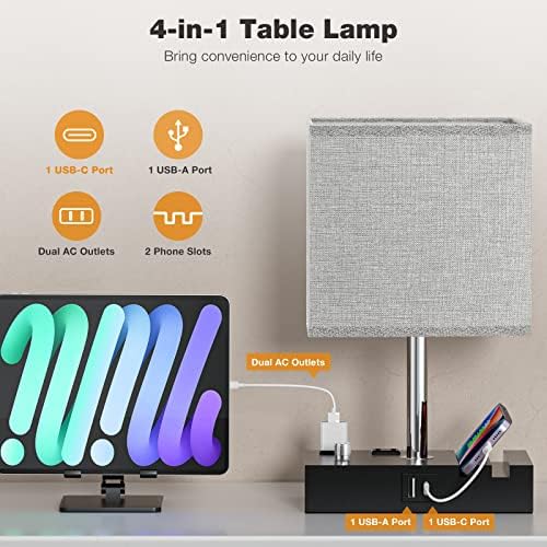 Kakanuo Grey Bedside Table Lamps Set of 2 - Dimmable, USB C+A, 2 AC Outlets