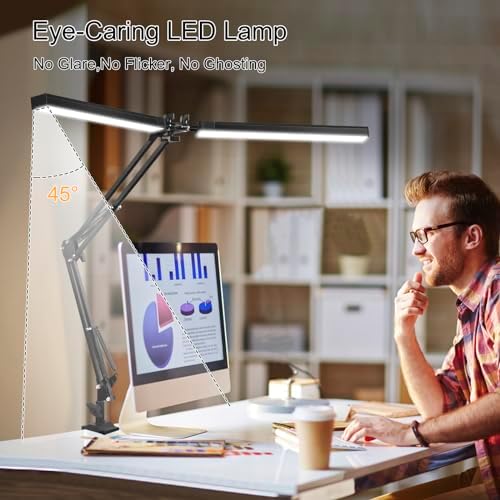 2-in-1 LED Desk Lamp, 24W Brightestwith Table Lamp with Clamp, Desk Light with Flexible Swing Arm,3 Color Modes Stepless Dimmable Double Head Architect Desk Lamps for Home Office Workbench Reading