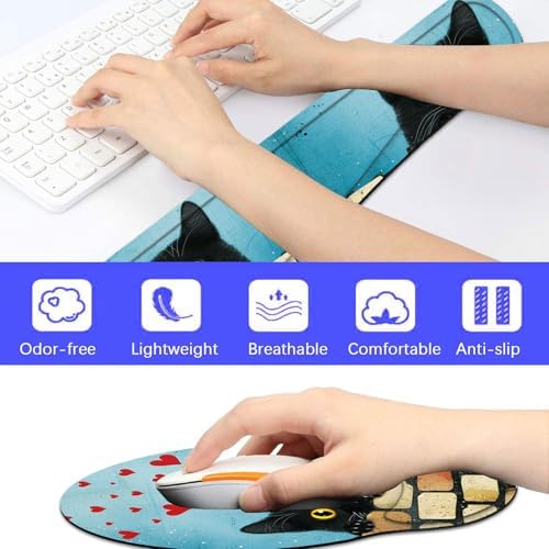 Keyboard Wrist Rest and Mouse Pad Wrist Support Set with Coaster,Comfortable for Easy Typing,Pain Relief,Memory Foam Keyboard Pad Set for Laptop Mac,Cute Black Cat