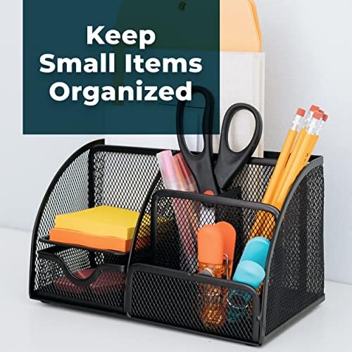 Greenco Mesh Desk Organizer Office & Dorm Room Supplies Caddy, 6 Compartments, Small Black Desk Organizer for Pen, Pencil, Small Office Supplies and Stationary Accessories Storage Organization