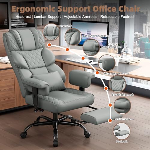 Vonesse Office Chair, Desk Chair with Soft Adjustable Armrests, Ergonomic High Back Gaming Chair with Lumbar Support, Executive Computer Chairs with Footrest (PU Leather, Gray)