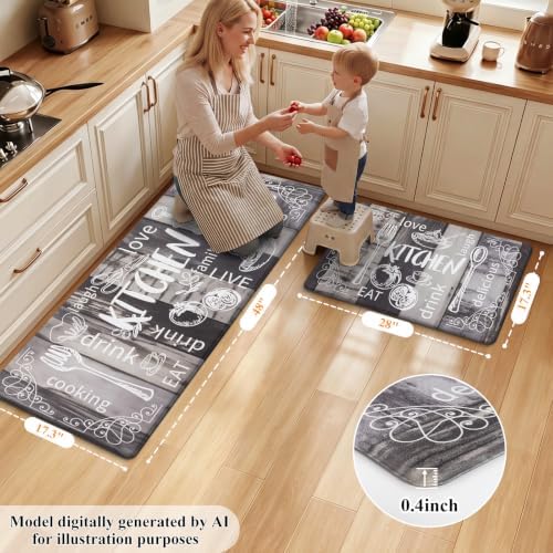 HEBE Anti Fatigue Kitchen Rugs Set of 2, Cushioned Kitchen Mats for Floor