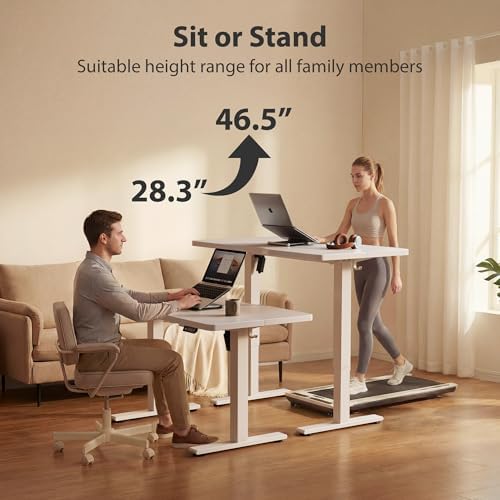 Cubiker Standing Desk, 55x28 Inches Sit Stand Home Office Desk, Electric Stand up Desk, Adjustable Desk with Splice Board, White Frame/White Top