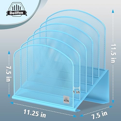 Delifox Inclined Desk File Organizer,Vertical File Folder Holder Stand Metal Rack File Sorter for Office Classroom Desktop Organization (1, Blue, 5)