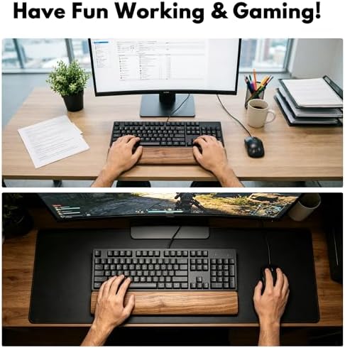 Walnut Wooden Wrist Rest for 75% 80% TKL Keyboard, 14.2-Inch Ergonomic Solid Wood Hand Rest with Non-Slip Base, Stain Resistant Palm Support for Typing & Gaming (14.2“ L)