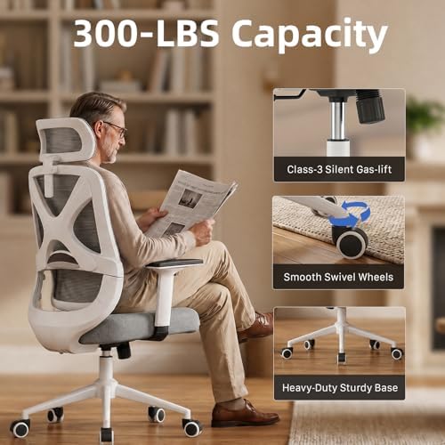 High Back Ergonomic Desk Chair with Adjustable Lumbar Support and Headrest Home Office Desk Chair with flip-up Armrests for Home, Office, Gaming, Student（White）