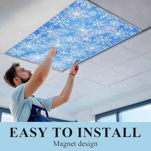 Blue Snowflake Magnetic Fluorescent Light Covers for Ceiling Lights 2 x 4 Feet,Christmas Winter Festival Xmas Modern Office Classroom Kitchen Drop Ceiling Light Covers Lighting Shade Panel 3 Packs