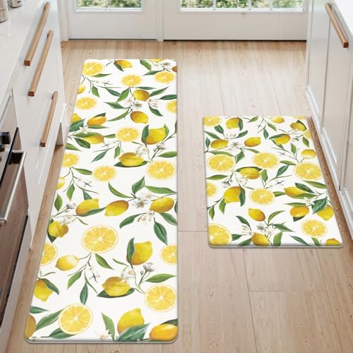 SHACOS Anti Fatigue Lemon Kitchen Mats for Floor 2 Pieces Set, Non Slip Cushioned Kitchen Rugs Set Standing Desk Mats and Runner Wipeable Waterproof Floor Mat for Home Office, 17"x27.5"+17"x59", White