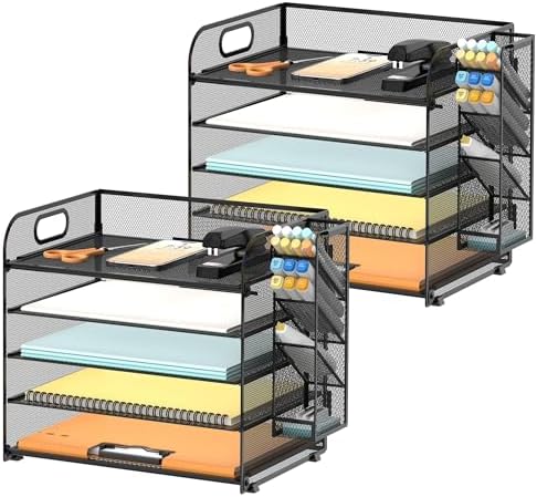 5-Tier Paper Organizer for Desk with Pen Holders, 2-Pack, Black