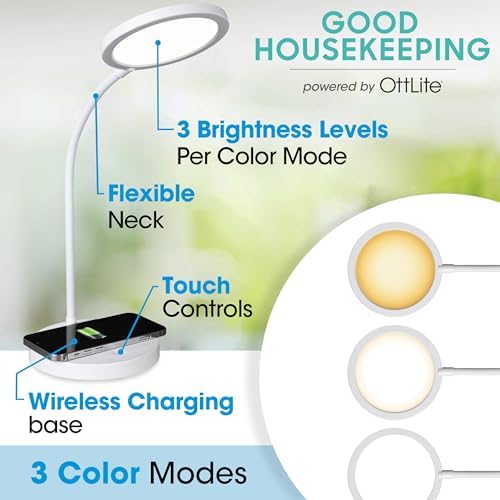 OttLite Good Housekeeping Circular LED Lamp, Wireless Charging, White