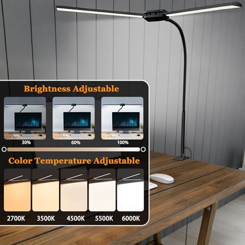 LED Desk Lamp for Home Office, Double Head Computer Monitor Light with Clamp, 5 Color Modes and 3 Brightness Levels, Long Flexible Goose-Neck, USB Eye-Caring Clip on Lights for Reading, Black