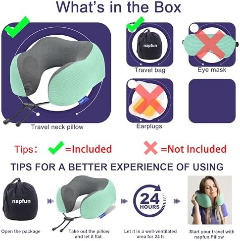 napfun Neck Pillow for Travel, Memory Foam Airplane Pillow, Turquoise