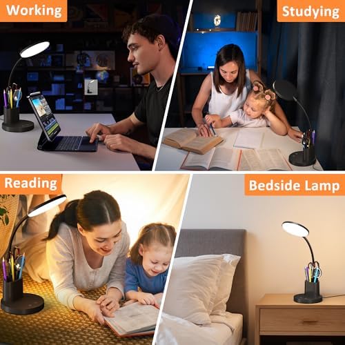 LED Desk Lamp for College Dorm with Pen Phone Holder, Black