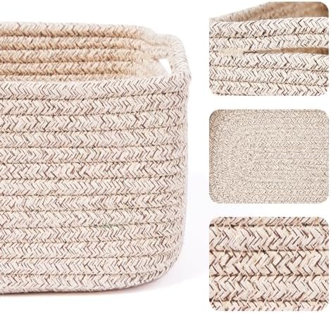 MiniArk Small Storage Baskets for Organizing | Closet Organizer Bins | Shelf Toy Basket | Woven Rope Baskets | Cube Decorative Box | Shallow Basket | 13x8.5x5.1” | 4 Packs Mixed Brown