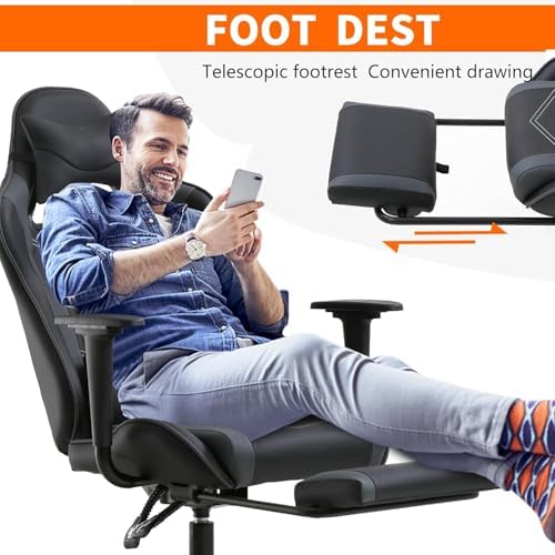 PC Gaming Chair with Footrest, Ergonomic Home Office Chair with Lumbar Support & Headrest Pillow, Grey