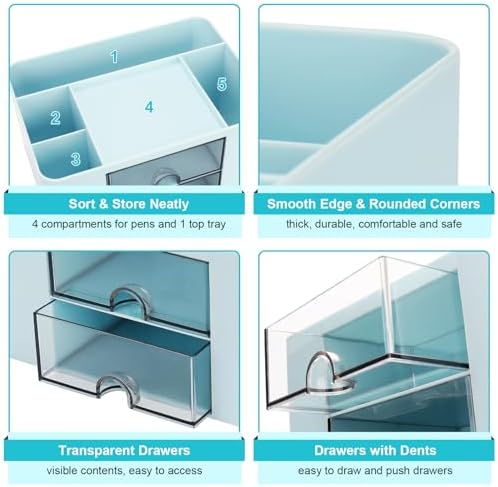Meiikun Plastic Pen Organizer, Multifunctional Desk Organizer with 2 Drawers, 4 Compartments & a Top Tray, Pencil Holder Desktop Organizers and Accessories for Office, 7.7" x 5.5" x 3.9" (Blue)