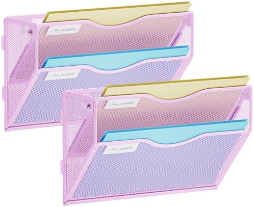 Marbrasse Wall File Holder 2-Tier Hanging Wall File Organizer, Mesh Mail Holder for Papers, Wall Mount File Clipboard & Magazine Organizer Great for Office Home - 2P(Purple)