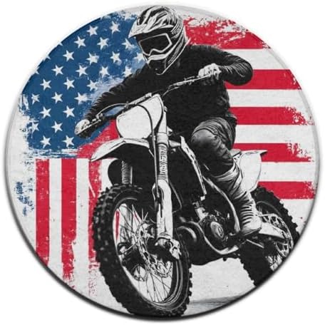 Men's Large Home Decor Mat, Soft Round Yoga Carpet, Non Slip Machine Washable Home Office Circle Rug American Flag Dirt Bike Motocross
