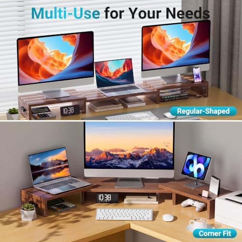 BONTEC Triple Monitor Stand Riser with Smartphone Holder, Walnut