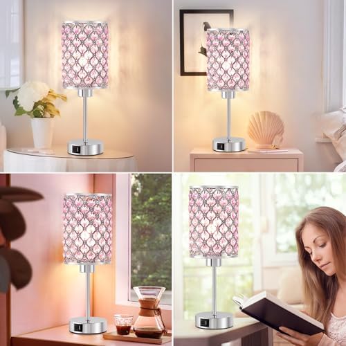 Crystal Table Lamp, Pink Touch Lamp with USB C+A Port, 3-Way Dimmable