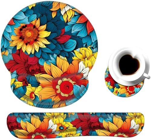 Keyboard Wrist Rest and Mouse Pad Wrist Support Set with Coaster,Ergonomic Mouse Pad,Comfortable for Easy Typing, Pain Relief,Memory Foam Keyboard Pad Set for Laptop Mac,Colorful Petals