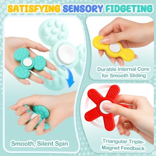 Silicone Sensory Fidget Spinner for Kids and Adults, Quiet Textured Fidget Toys with Soft Silicone Surface, Sensory Toys 4 Pack, Calm Focus Toy for Classroom, Office and Travel