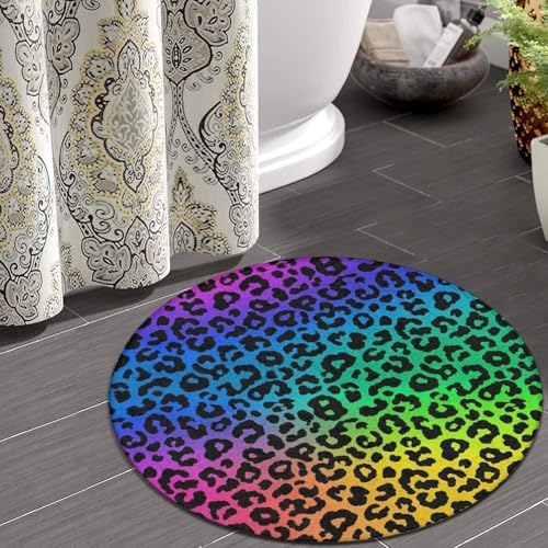 Men's Large Home Decor Mat, Soft Round Yoga Carpet, Non Slip Machine Washable Home Office Circle Rug Colorful Cheetah Leopard Animal Print Rainbow, 36inch