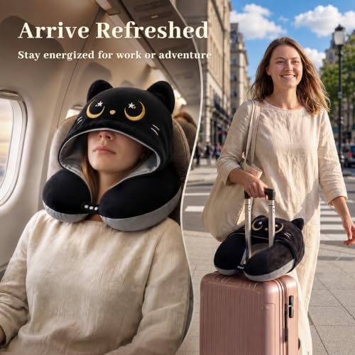 Mewaii Travel Neck Pillow, Airplane Pillow with Hood, Memory Foam, Gray