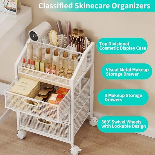 HapiRm Rolling Makeup Cart Organizer - Under Desk Makeup Storage with Wheels, Floor Make up Cart Skincare Organizers Desk Vanity Storage Organizer Cabinet for Cosmetics Makeup Brush Hair Tool, White
